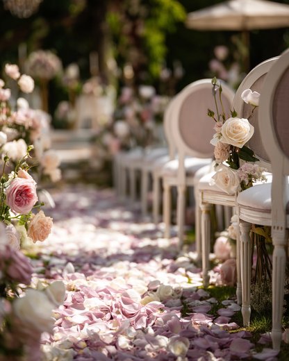 Cérémonie de mariage dans un jardin anglais — allée de pétales de rose lavande et chaises fleuries