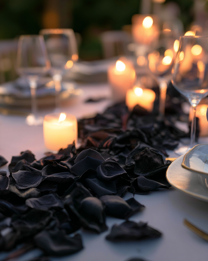 Chemin de pétales de rose noir sur table de dîner de mariage au crépuscule avec bougies | The Originea