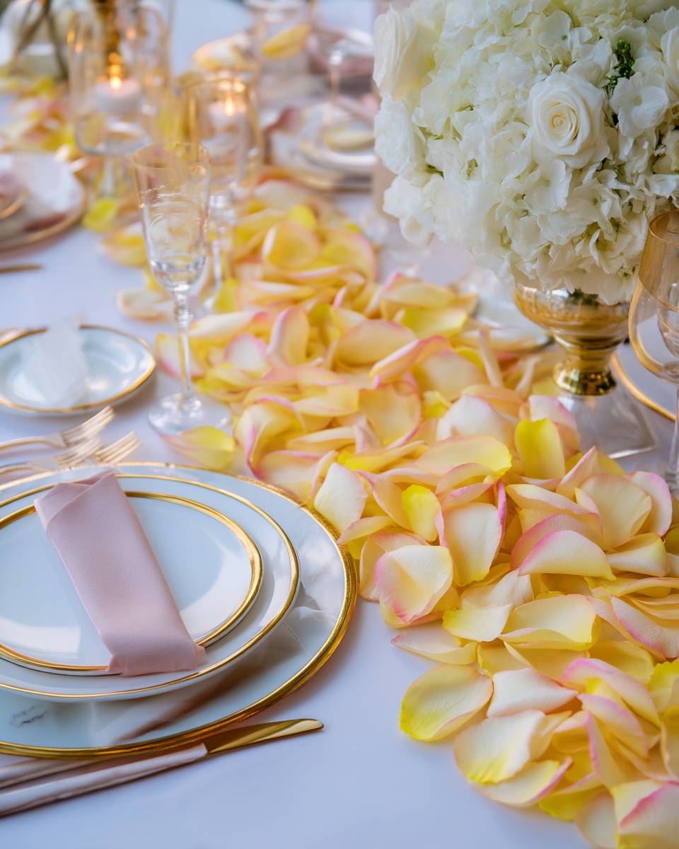 Allee de pétales de rose jaune-rose sur table de réception dorée avec roses crème | The Originea