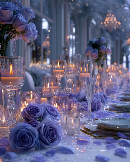 Table de mariage hivernal féerique décorée de pétales de rose lilas — roses bleutées, bougies et cristal