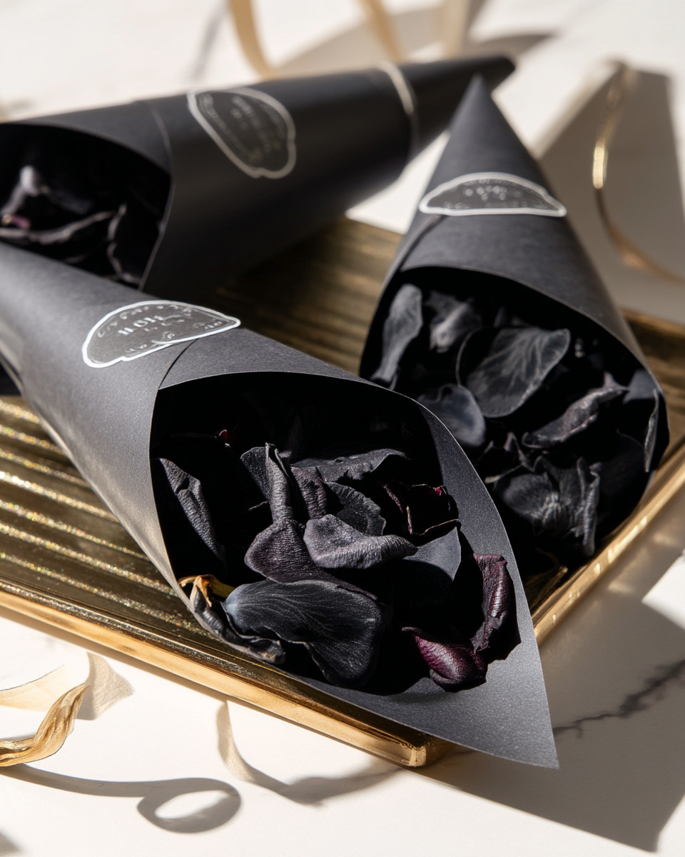 Cornets en papier noir remplis de pétales de rose noir sur plateau doré — confettis mariage élégants | The Originea