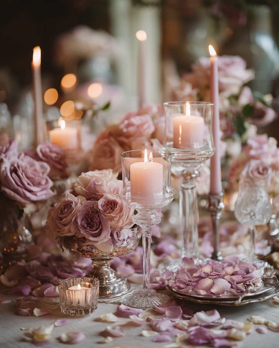 Mariage fine art décoré de pétales de rose lavande — table dressée romantique et bougies