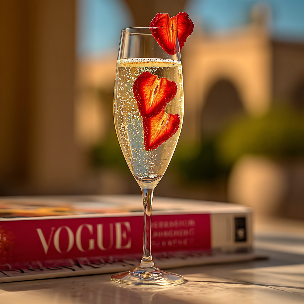 Flûte de champagne garnie d'une fraise séchée en forme de cœur — cocktail chic estival | The Originea