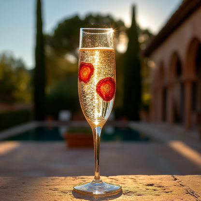 Flûte de champagne aux fraises séchées devant une villa provençale — apéritif estival raffiné | The Originea