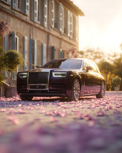 Rolls-Royce Phantom devant un mas provencal sur un tapis de pétales de rose lavande — mariage de luxe