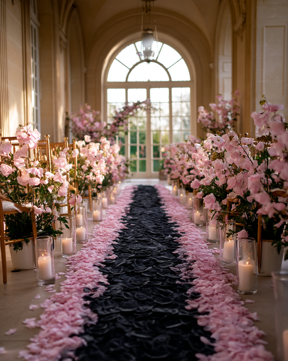 Allée de cérémonie de mariage — chemin de pétales de rose noir bordé de roses roses et bougies | The Originea
