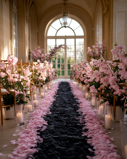Allée de cérémonie de mariage — chemin de pétales de rose noir bordé de roses roses et bougies | The Originea