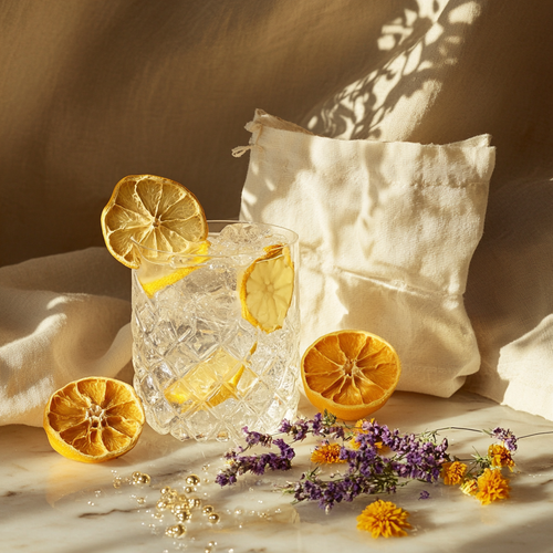 Garniture gin tonic artisanale — agrumes de Menton et fleurs de Provence sur marbre, The Originea