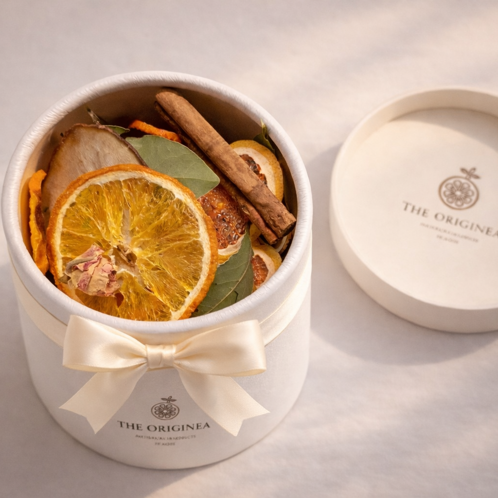 Boite cadeau ronde The Originea avec noeud en satin creme, remplie de tranches d'oranges deshydratees, batons de cannelle et feuilles de laurier seches