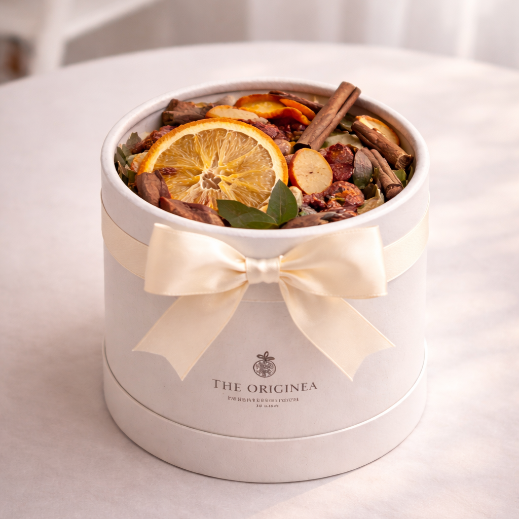 Boite cadeau ronde The Originea vue de face avec ruban satin creme, garnie d'un melange de fruits deshydrates, oranges, pommes, batons de cannelle et botaniques sechees