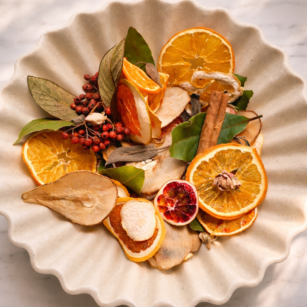 Assortiment artisanal de fruits deshydrates dans un bol en ceramique ondule : tranches d'oranges, poire, orange sanguine, baies rouges, feuilles de laurier et baton de cannelle sur marbre blanc