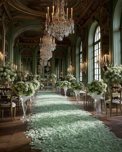 Allée de cérémonie décorée de pétales de rose vert menthe séchés dans un château | The Originea