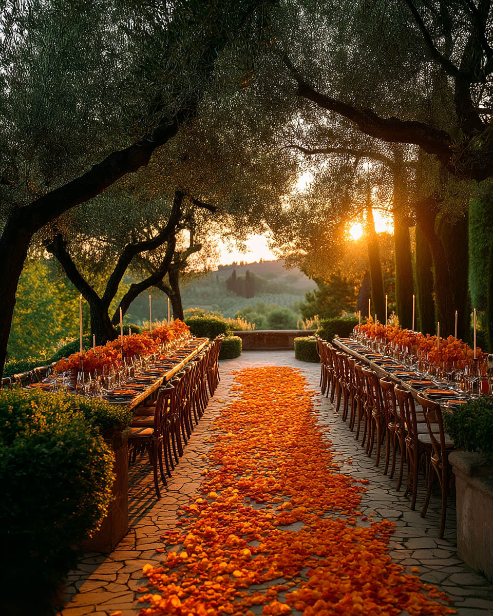 Allée de mariage en Toscane décorée de pétales de rose orange séchés | The Originea