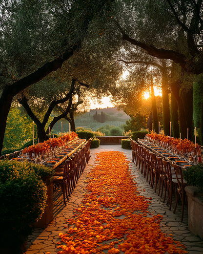 Allée de mariage en Toscane décorée de pétales de rose orange séchés | The Originea