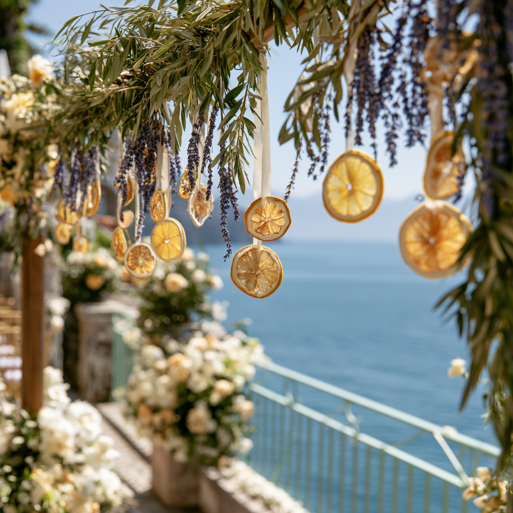 Arche de cérémonie mariage Amalfi — citrons de Sicile séchés suspendus, lavande et olivier vue mer | The Originea