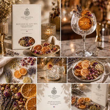 Botanical Gin Mix The Originea — Vue du dessus, plateau de garnitudes artisanales agrumes séchés, fleurs et lavande avec tonic water et verre à gin, lumière provençale