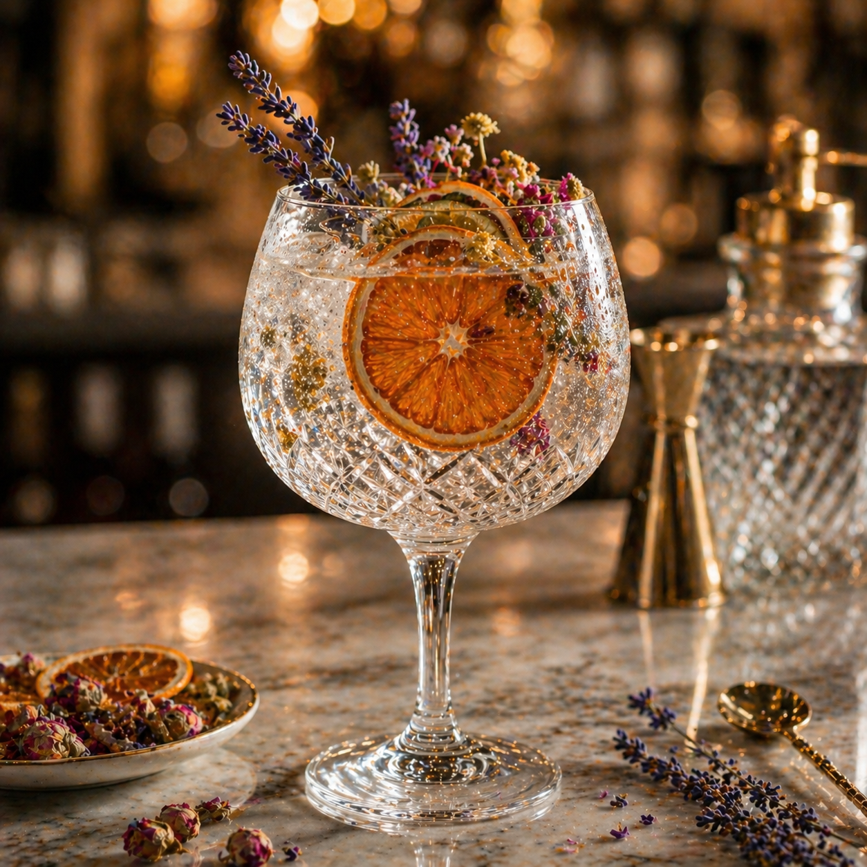 Botanical Gin Mix The Originea — Macro gros plan verre en cristal taillé avec tranche d'orange séchée, lavande AOP et pétales de rose pour gin tonic artisanal