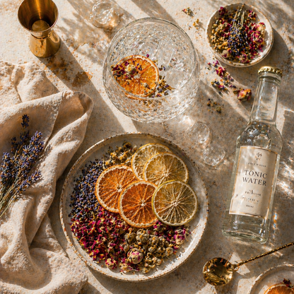 Botanical Gin Mix The Originea — Verre à gin ballon en cristal avec orange séchée et botaniques artisanaux, bar ambiance lumière chaude dorée, France