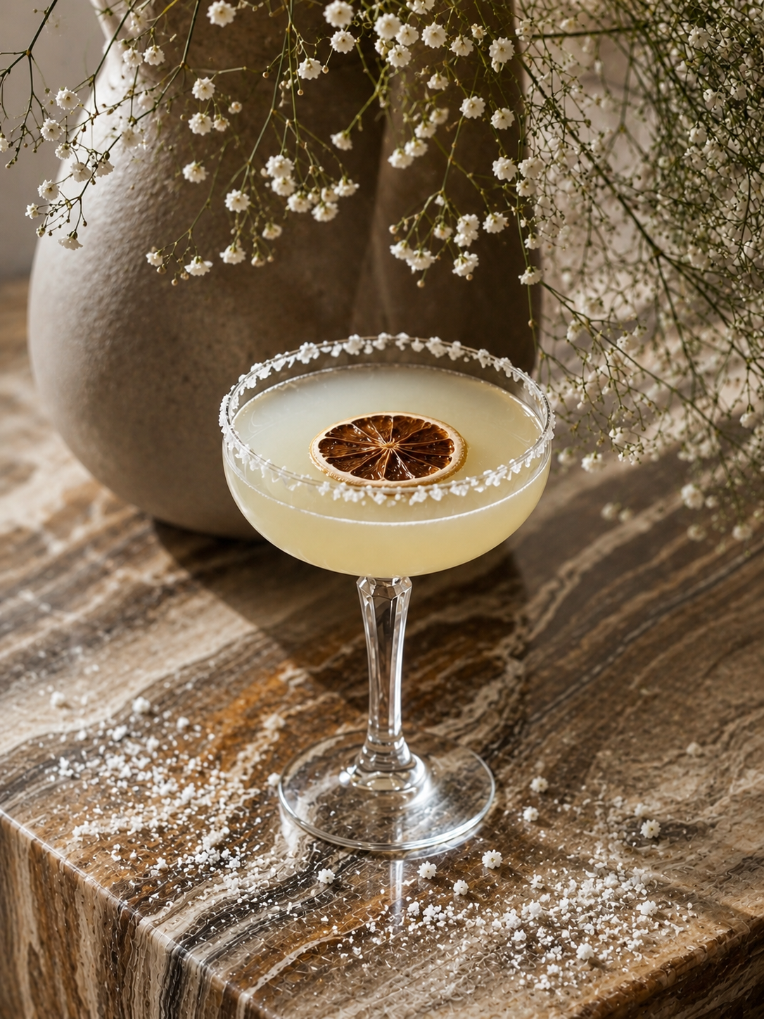 Bulk citron jaune séché — cocktail dans coupe cristal vintage avec tranche ambrée et gypsophile blanc, vase grès artisanal | The Originea