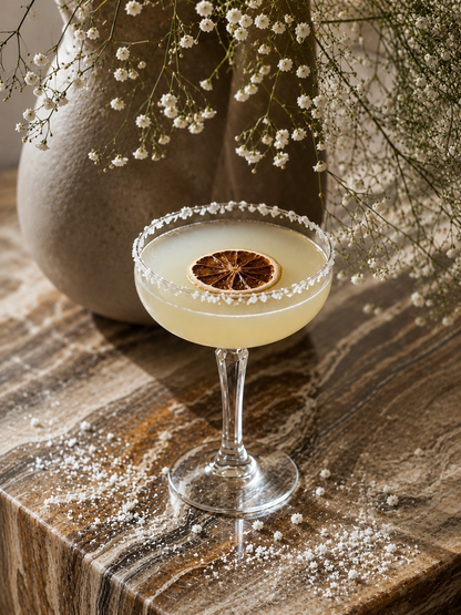 Bulk citron jaune séché — cocktail dans coupe cristal vintage avec tranche ambrée et gypsophile blanc, vase grès artisanal | The Originea