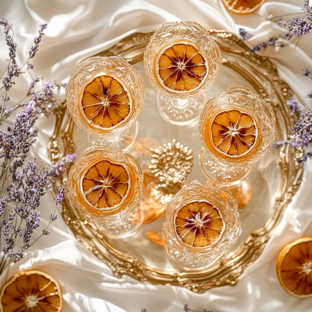 Bulk citron jaune séché — flat-lay 6 cocktails signature mariage en coupes cristal vues du haut, bar pro wedding planning | The Originea