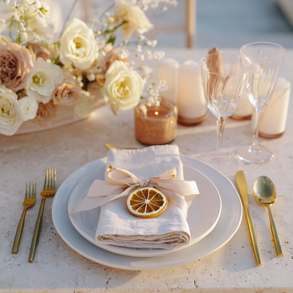 Bulk citron jaune séché — marque-place mariage avec tranche ambrée, serviette lin et ruban beige sur table fleurs crème | The Originea