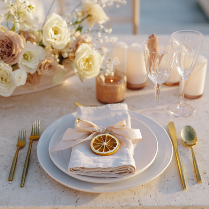 Bulk citron jaune séché — marque-place mariage avec tranche ambrée, serviette lin et ruban beige sur table fleurs crème | The Originea