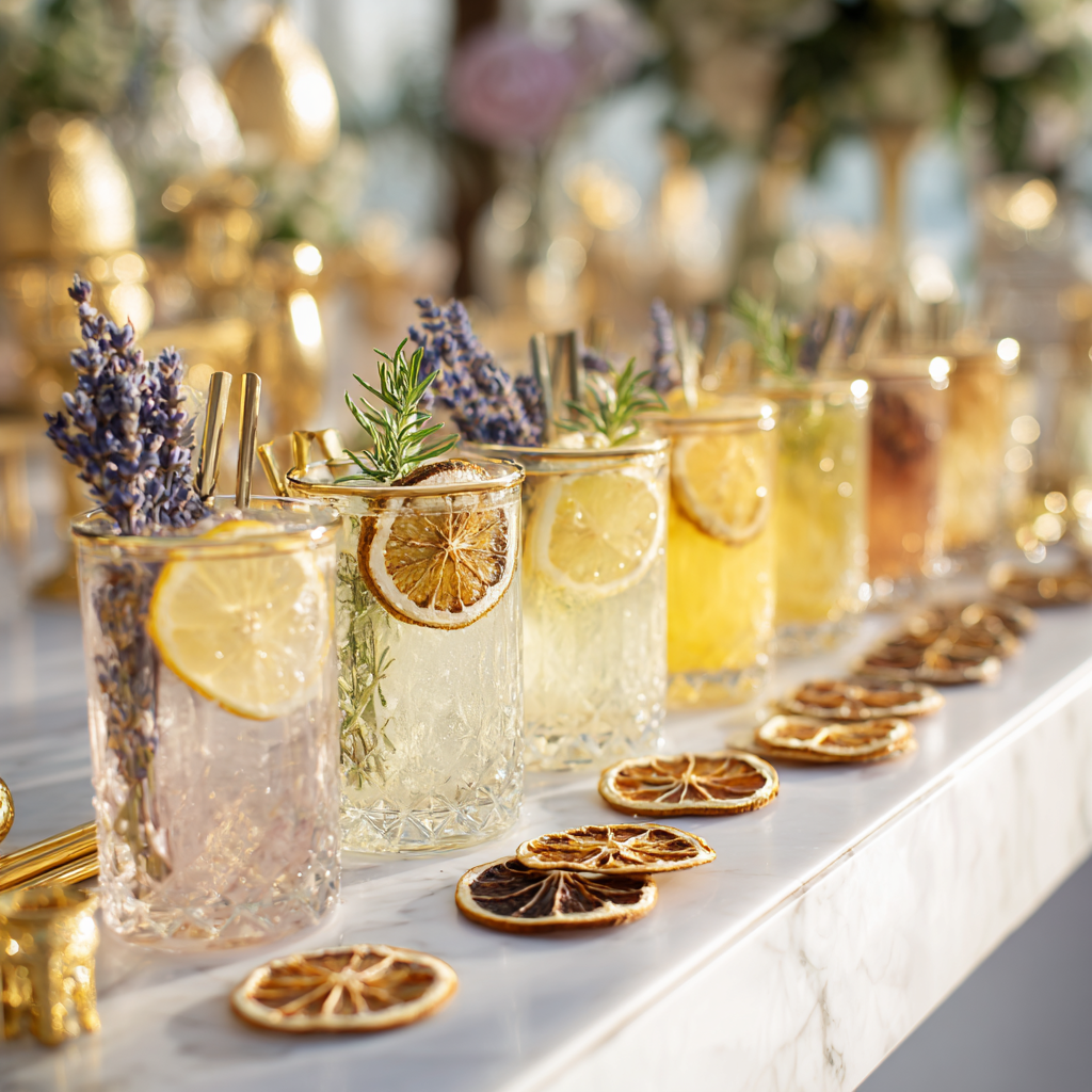 Bulk citron jaune séché — rangée de verres cristal sur bar marbre avec tranches ambrées, ambiance mariage haut de gamme | The Originea