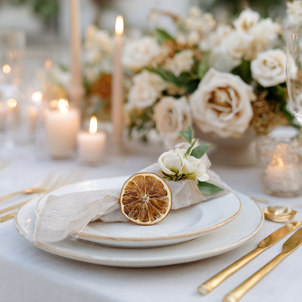 Bulk citron jaune séché — table mariage élégante avec marque-place tranche ambrée, rose blanche et bougies fleurs ivoire | The Originea