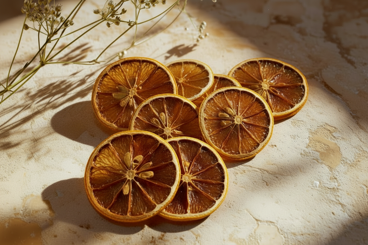 Bulk citron jaune séché — tranches ambrées dorées naturelles avec gypsophile séché sur travertin, art séchage artisanal | The Originea