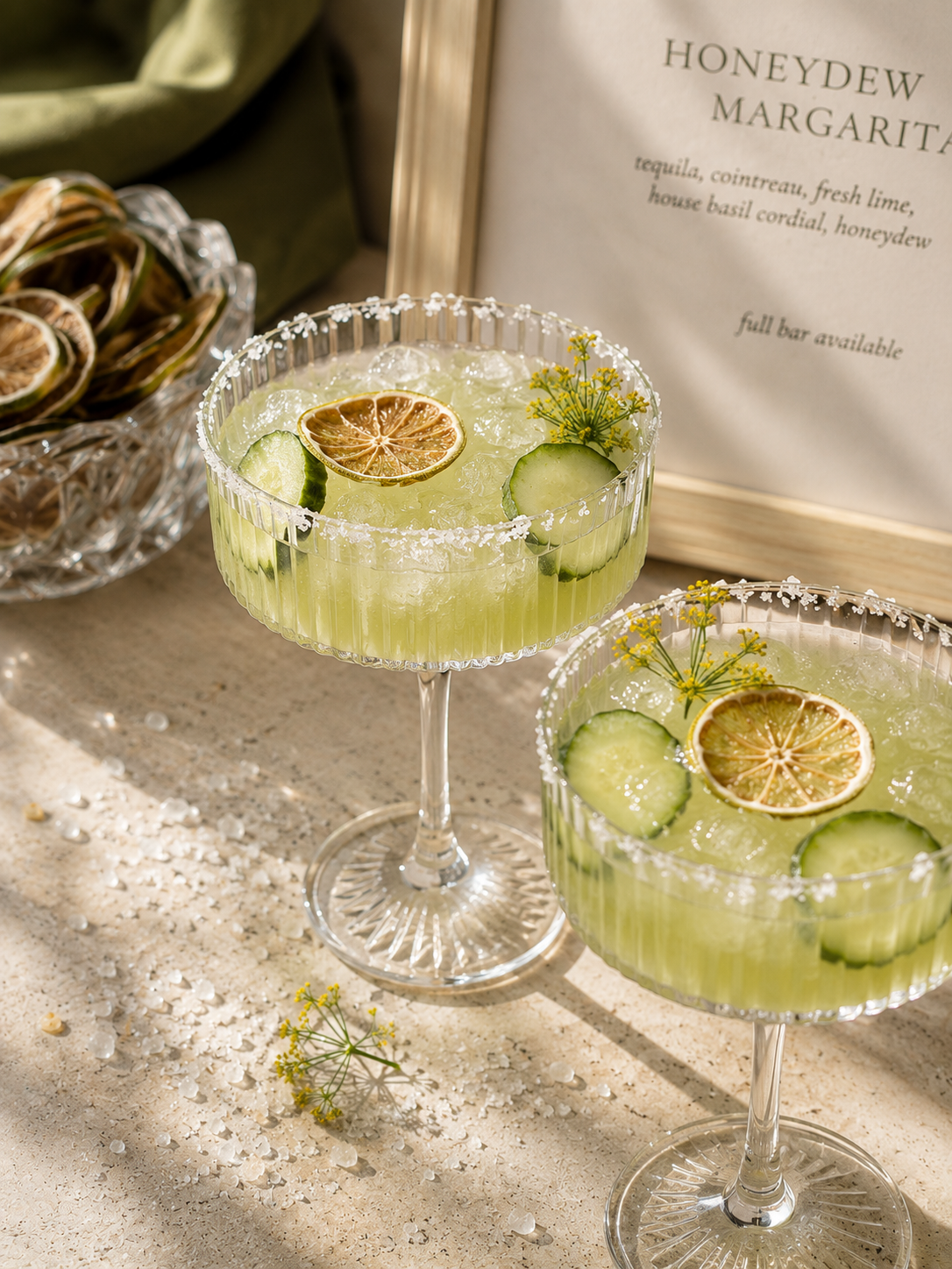 Bulk citron vert séché — bol cristal de tranches jade avec pots de romarin et menthe sur table jardin de Provence | The Originea