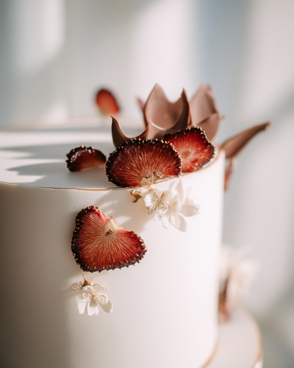 Bulk fraises séchées associées au chocolat artisanal en décoration de gâteau de mariage romantique — wedding cake designer | The Originea