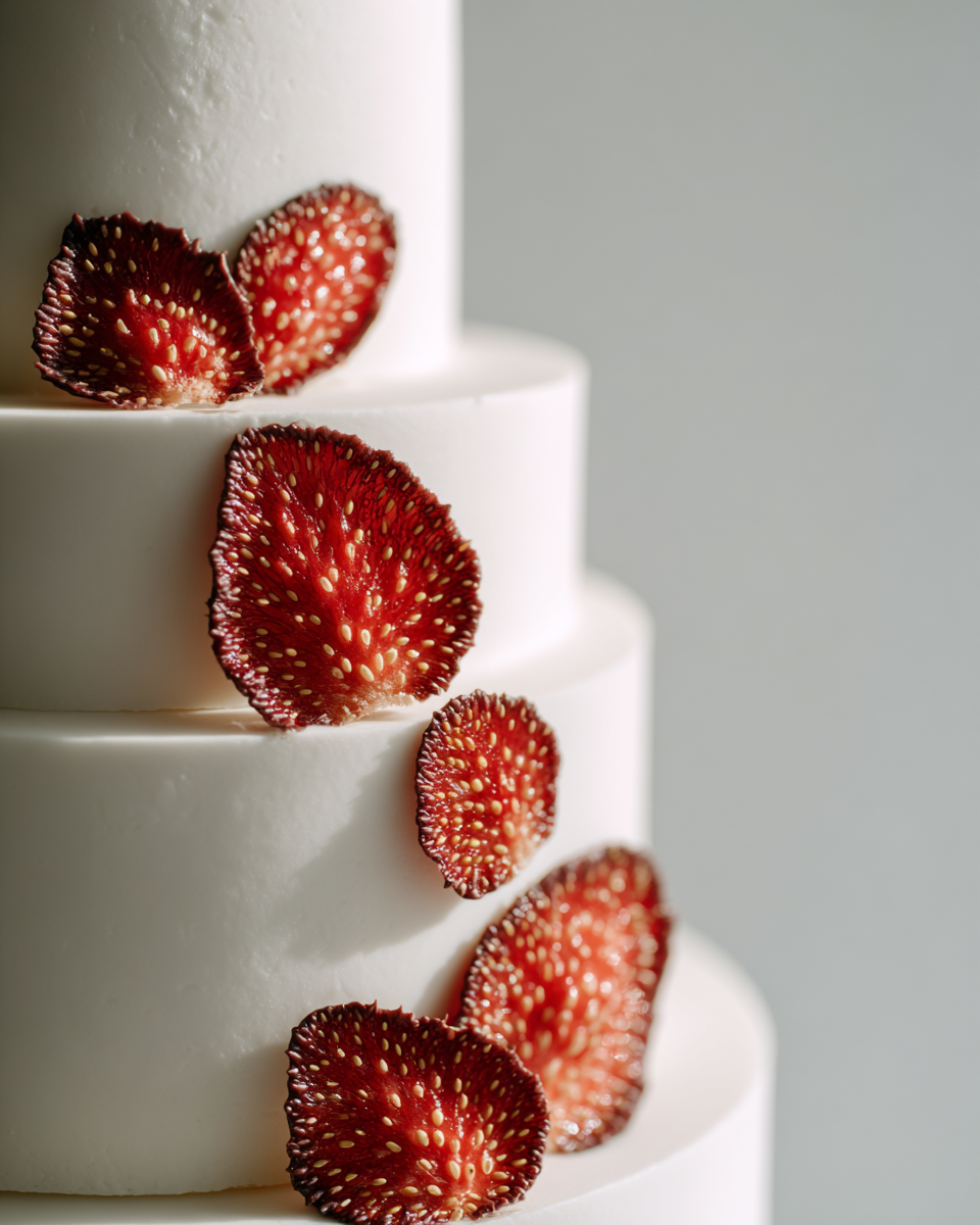Pétales de fraises séchées rouge profond en cascade sur gâteau de mariage avec fleurs blanches — décoration romantique haut de gamme | The Originea