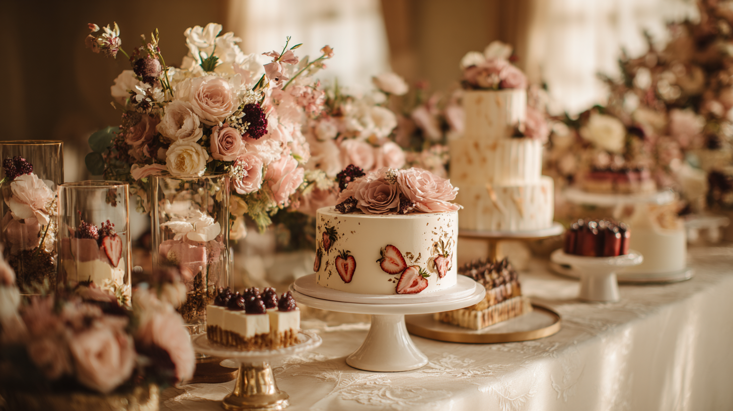 Table dessert mariage romantique — gâteaux décorés aux fraises séchées, roses blush et compositions florales pastel | The Originea