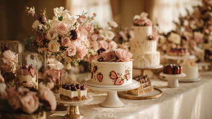 Table dessert mariage romantique — gâteaux décorés aux fraises séchées, roses blush et compositions florales pastel | The Originea