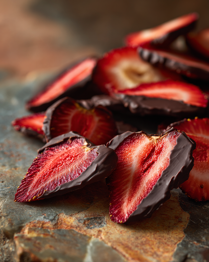 Tranches de fraises séchées partiellement enrobées de chocolat noir — inspiration recette gourmande artisanale | The Originea