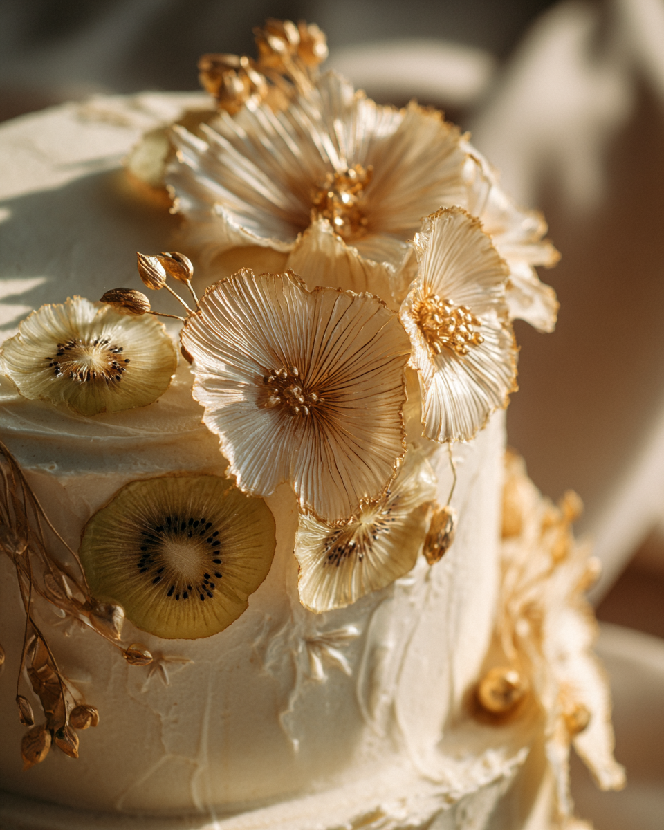 Bulk kiwi séché en décoration de gâteau de mariage avec fleurs papier de riz et touches or haut de gamme | The Originea