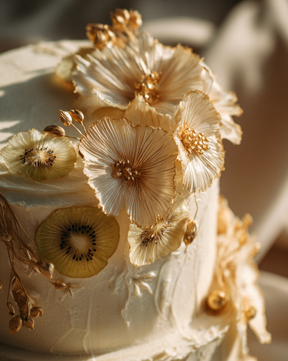 Bulk kiwi séché en décoration de gâteau de mariage avec fleurs papier de riz et touches or haut de gamme | The Originea