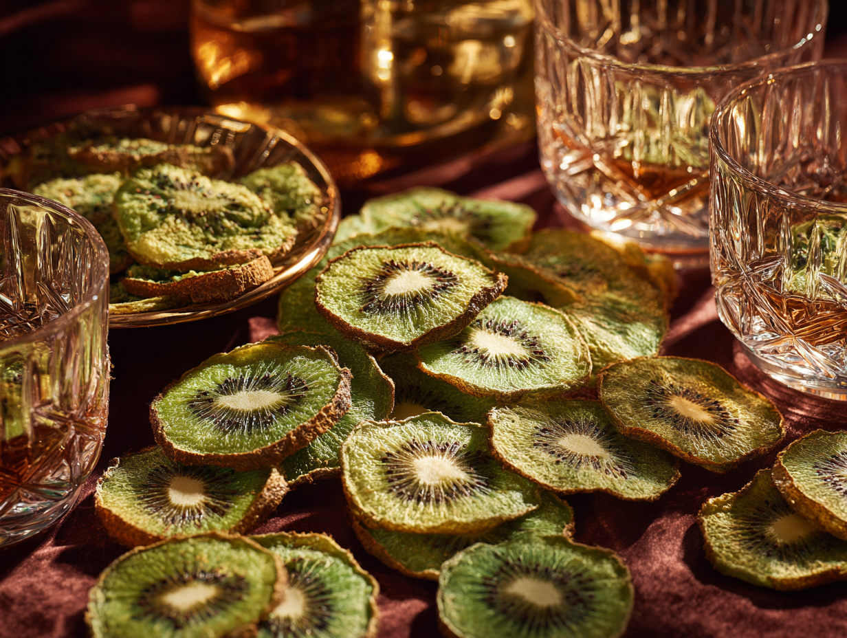 Bulk kiwi séché en tranches au cœur graphique vert près de verres cristal pour cocktail signature et mixologie | The Originea
