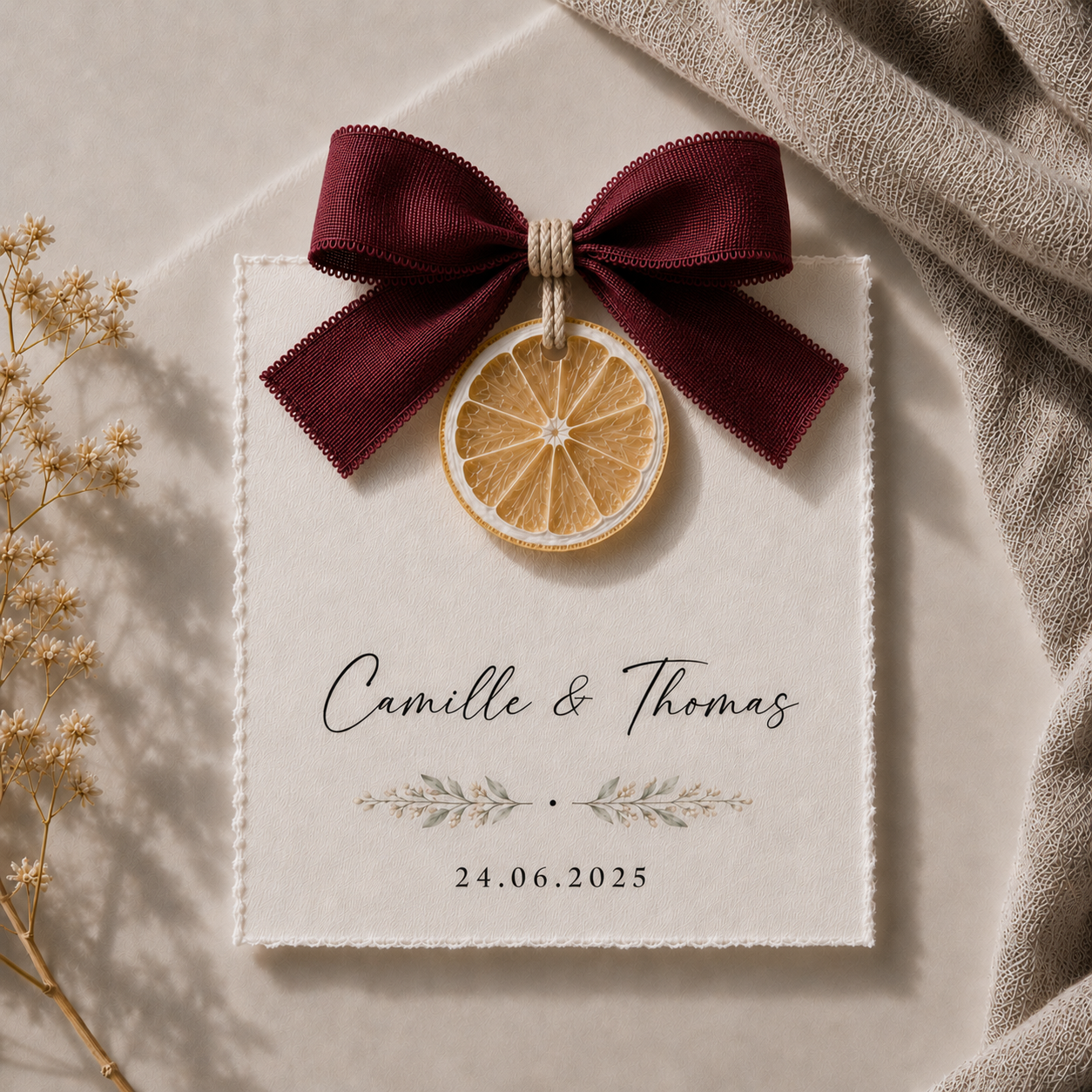 Carte invité mariage artisanale sur tranche de citron séché avec ruban bordeaux personnalisée — The Originea Provence