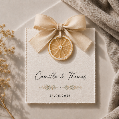 Carte invité mariage artisanale sur tranche de citron séché avec ruban champagne personnalisée — The Originea Provence