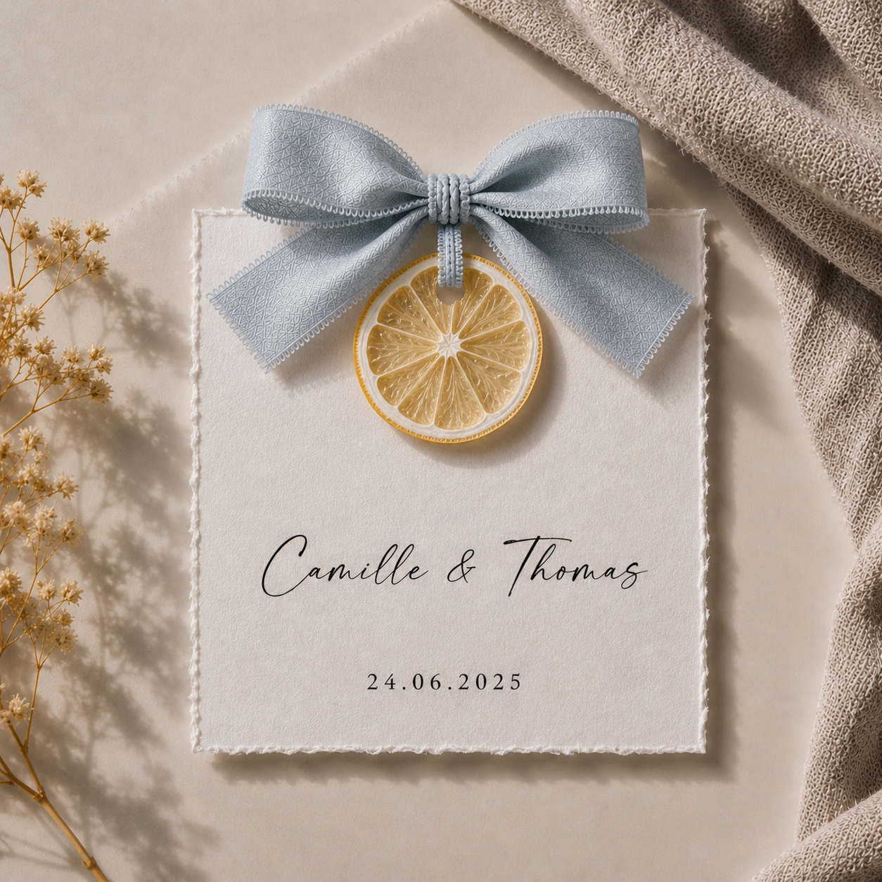 Carte invité mariage artisanale sur tranche de citron séché avec ruban gris personnalisée — The Originea Provence