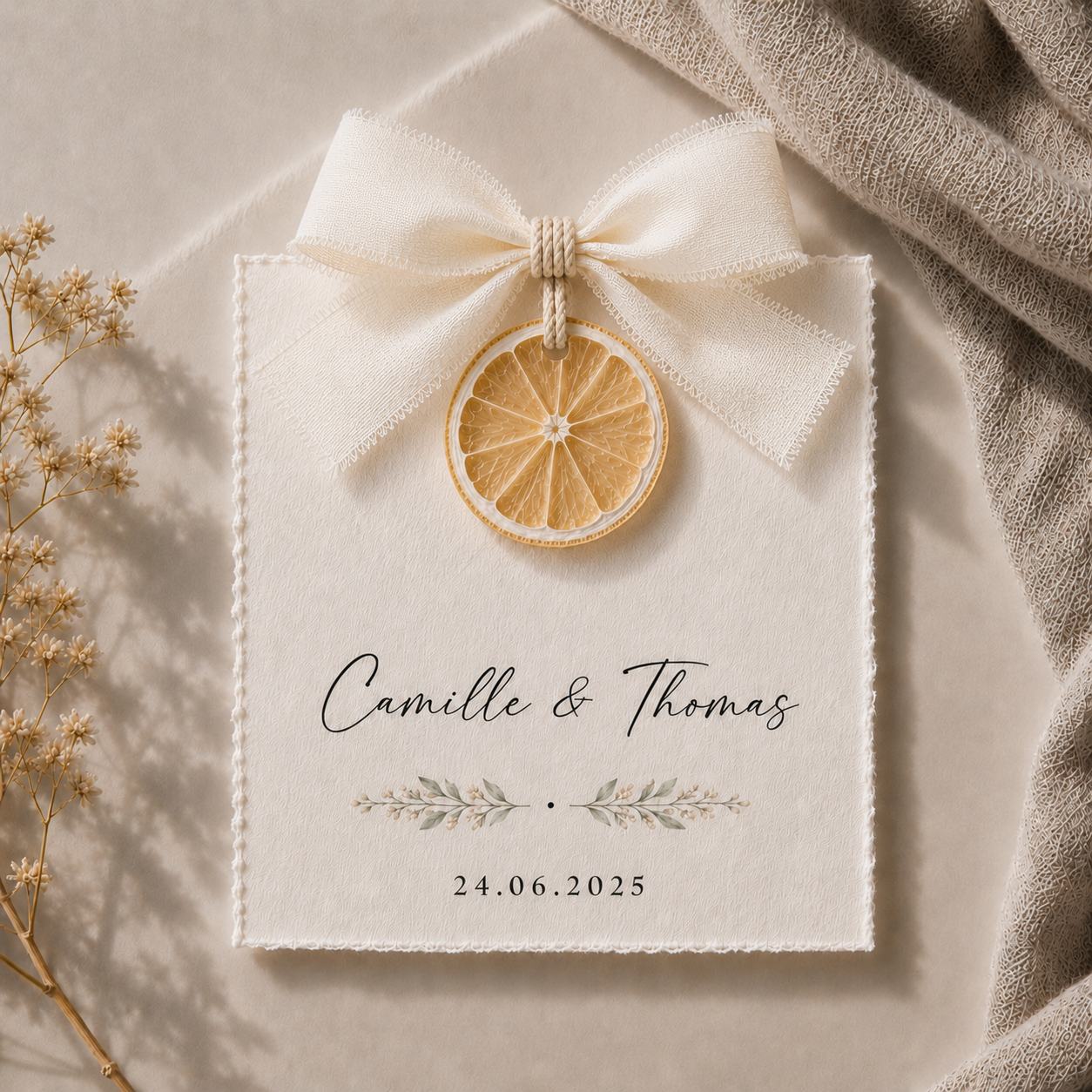 Carte invité mariage artisanale sur tranche de citron séché avec ruban ivoire personnalisée — The Originea Provence