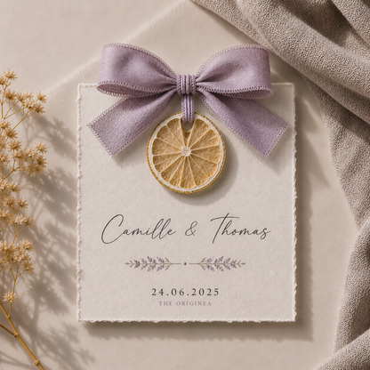 Carte invité mariage artisanale sur tranche de citron séché avec ruban mauve personnalisée — The Originea Provence