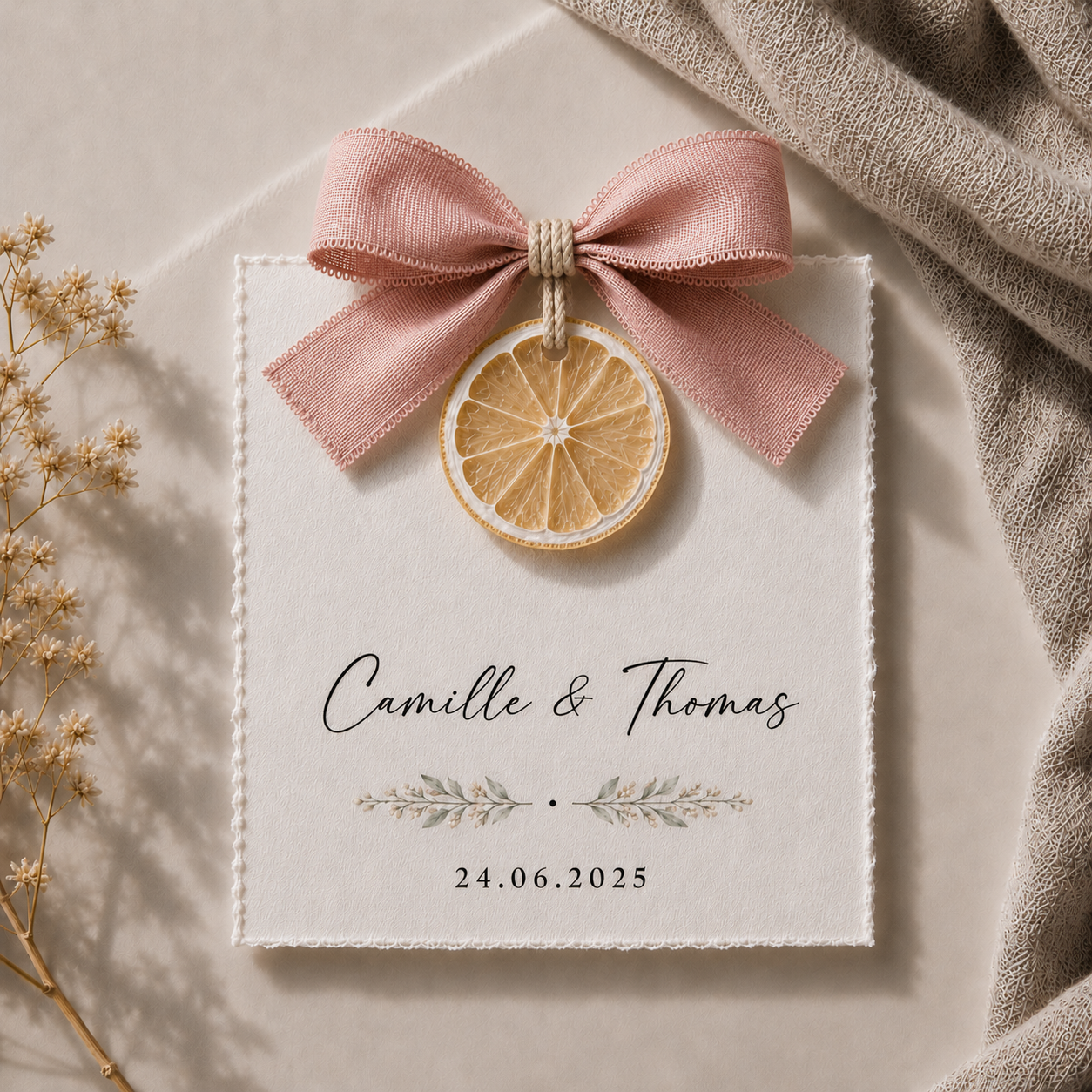 Carte invité mariage artisanale sur tranche de citron séché avec ruban rose poudré personnalisée — The Originea Provence