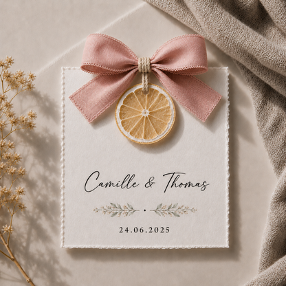 Carte invité mariage artisanale sur tranche de citron séché avec ruban rose poudré personnalisée — The Originea Provence