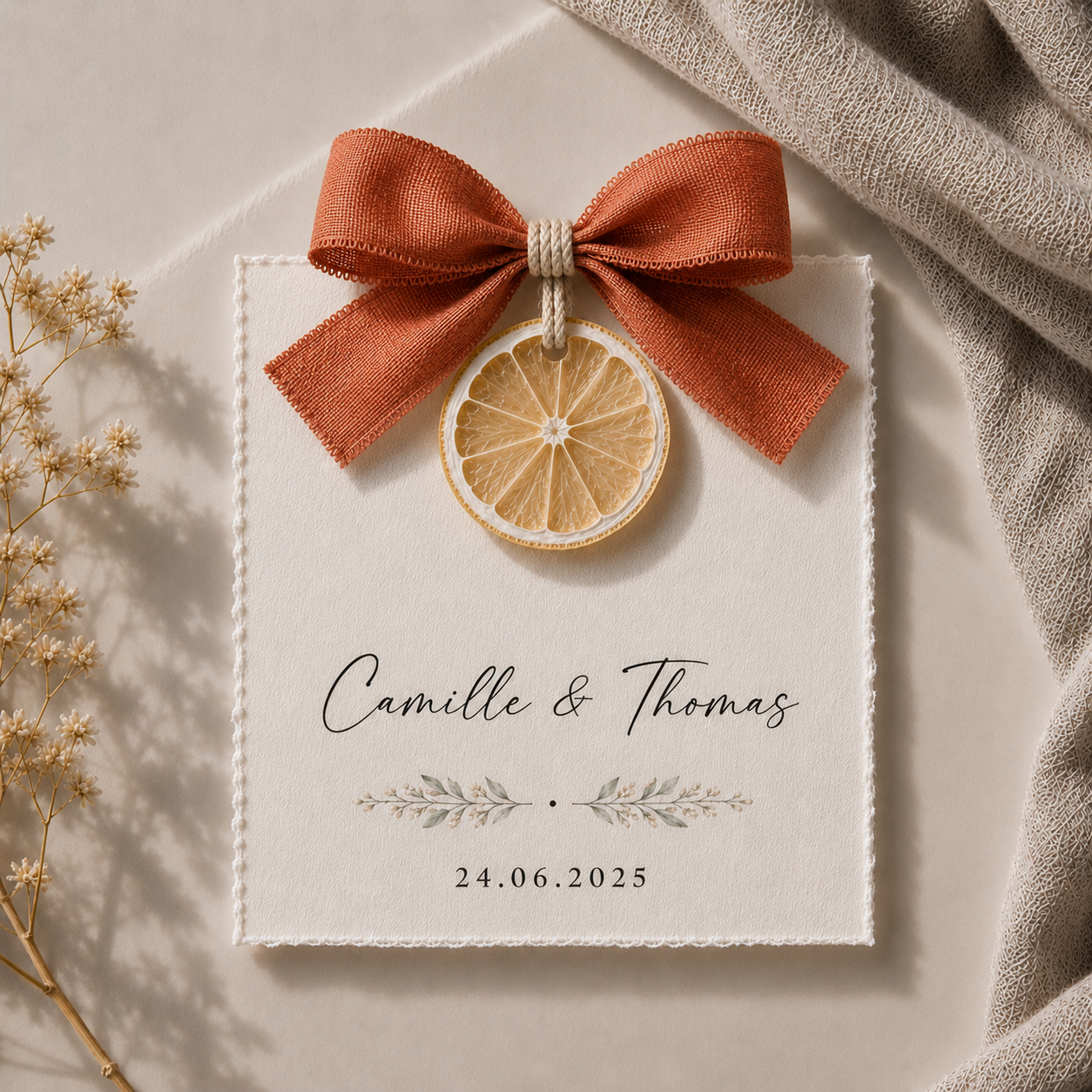 Carte invité mariage artisanale sur tranche de citron séché avec ruban terracotta personnalisée — The Originea Provence