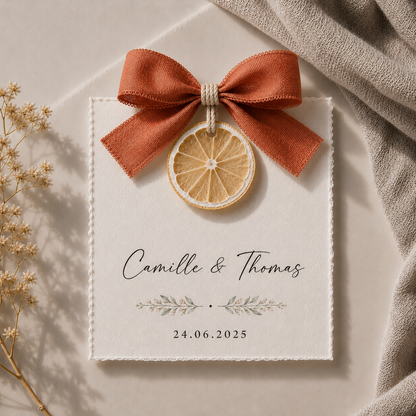 Carte invité mariage artisanale sur tranche de citron séché avec ruban terracotta personnalisée — The Originea Provence