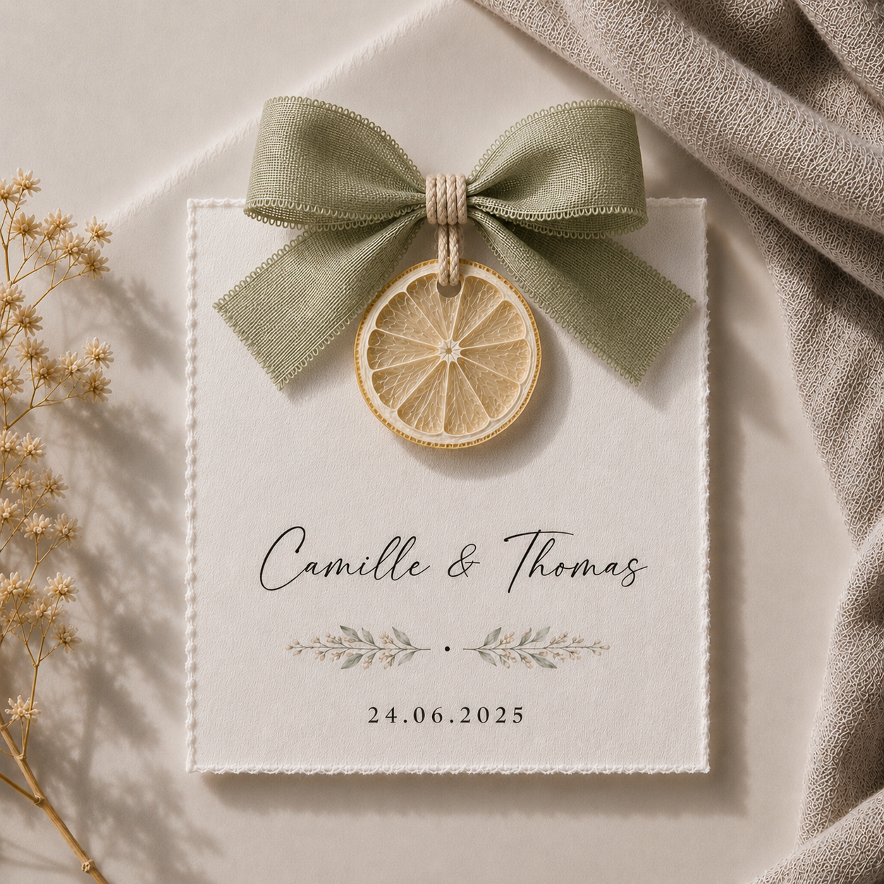 Carte invité mariage artisanale sur tranche de citron séché avec ruban vert sauge personnalisée — The Originea Provence