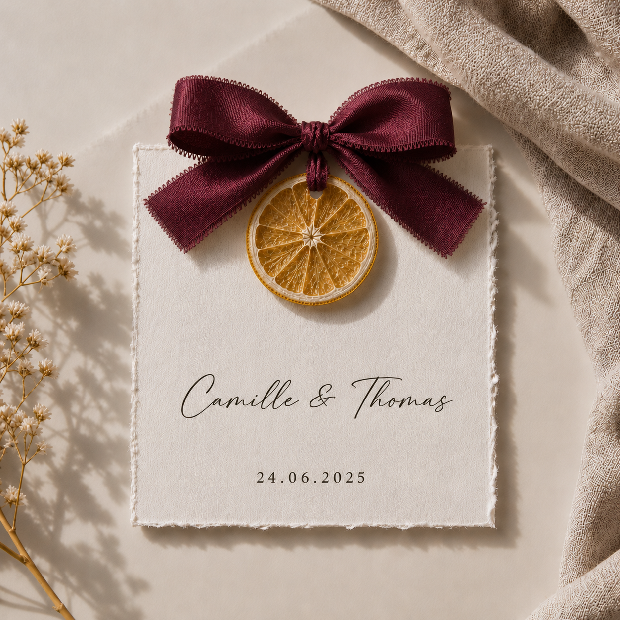 Carte invité mariage artisanale sur tranche d'orange séchée avec ruban bordeaux personnalisée — The Originea Provence
